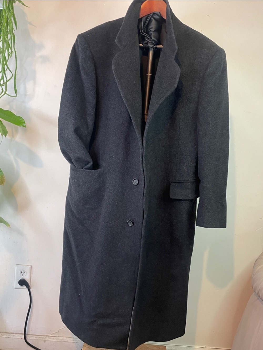 Vtg Men's Classic Black Wool-Blend Pea Coat Cashmere
